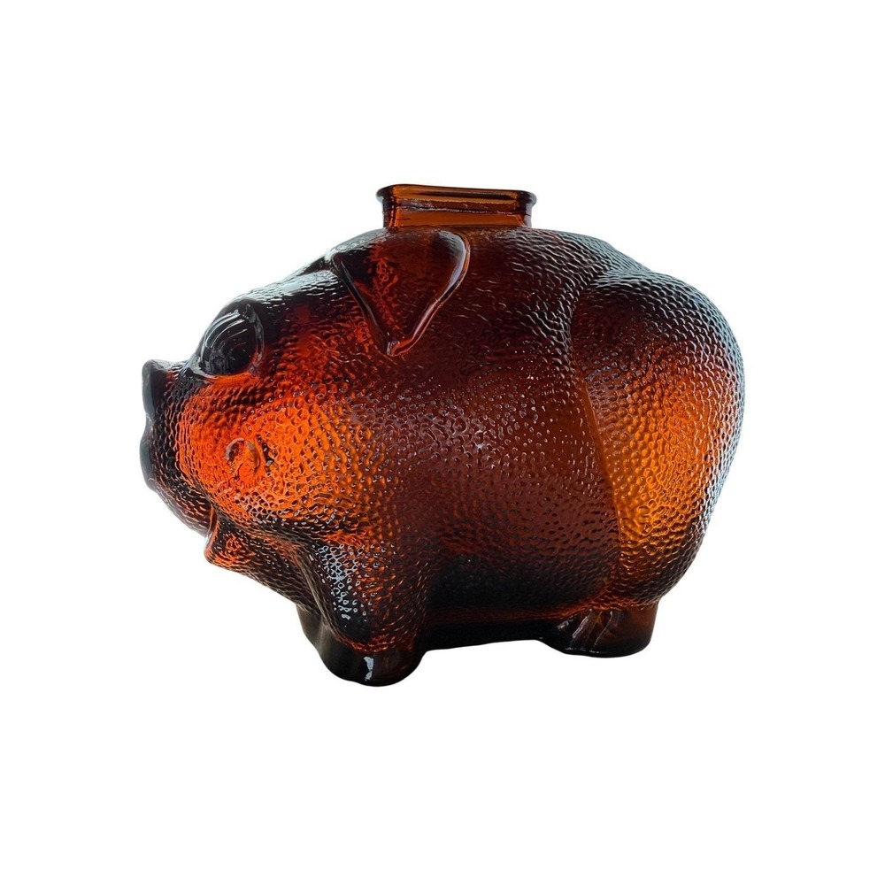 Vintage Amber Glass Piggy Bank Textured Retro 70s Pig Coin Bank Functional - Picture 2 of 6